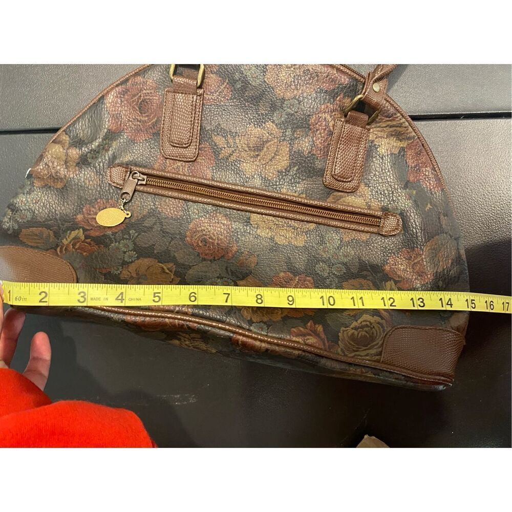 SUN Rose Floral Print Black Faux Leather Brown ‘Gator Trim Shoulder Bag - Picture 9 of 13